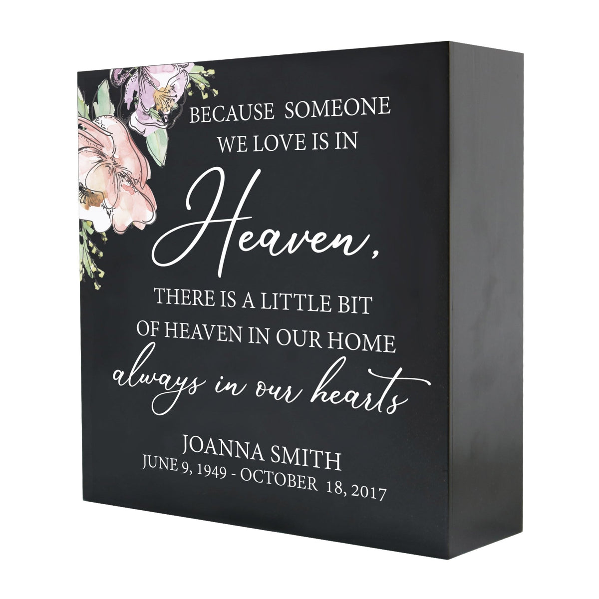 Personalized Modern Inspirational Memorial Wooden Shadow Box and Urn 10x10 holds 189 cu in of Human Ashes - Because Someone We Love (Black) - LifeSong Milestones