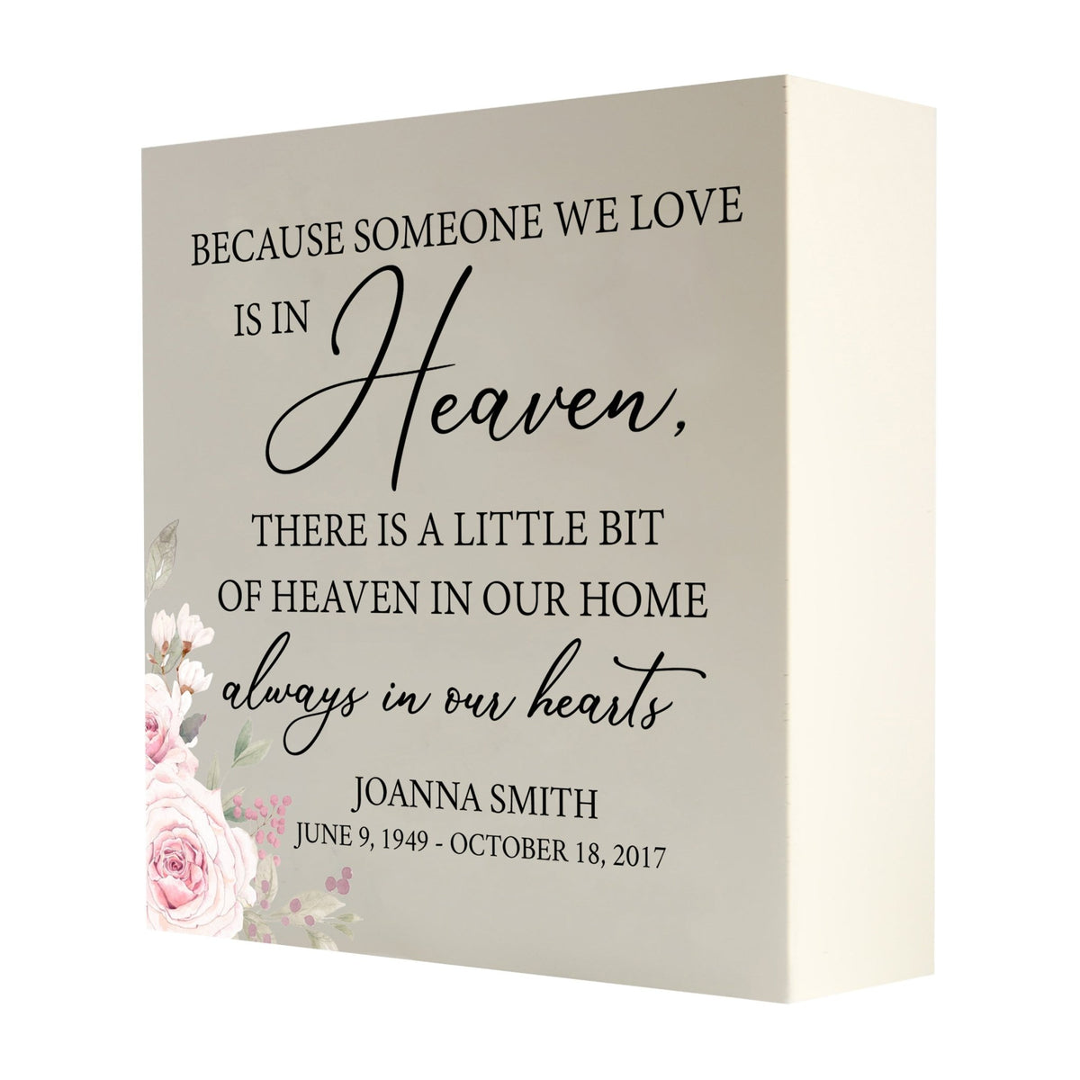 Personalized Modern Inspirational Memorial Wooden Shadow Box and Urn 10x10 holds 189 cu in of Human Ashes - Because Someone We Love (Ivory) - LifeSong Milestones