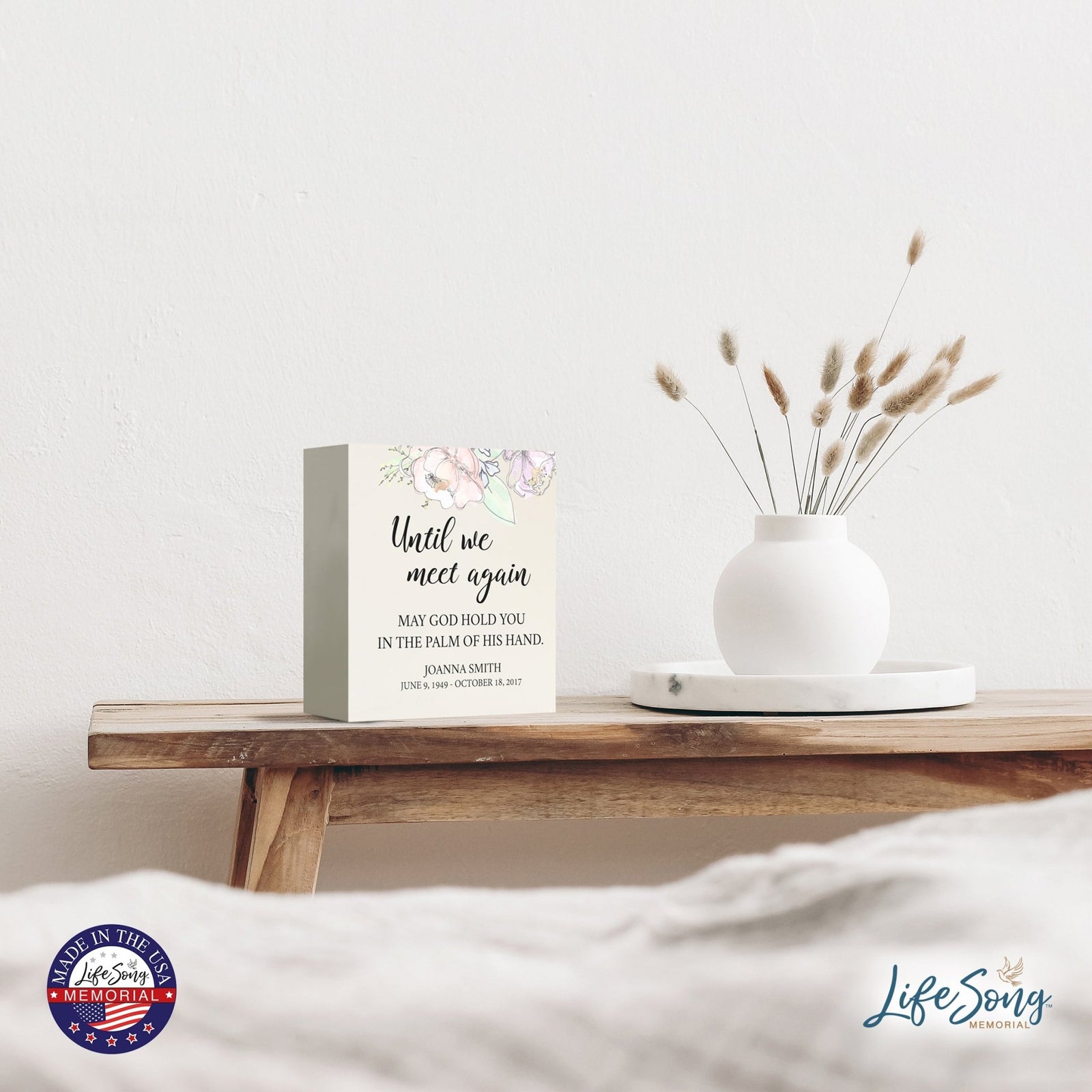 Personalized Modern Inspirational Memorial Wooden Shadow Box and Urn 10x10 holds 189 cu in of Human Ashes - Until We Meet Again (Palm) - LifeSong Milestones