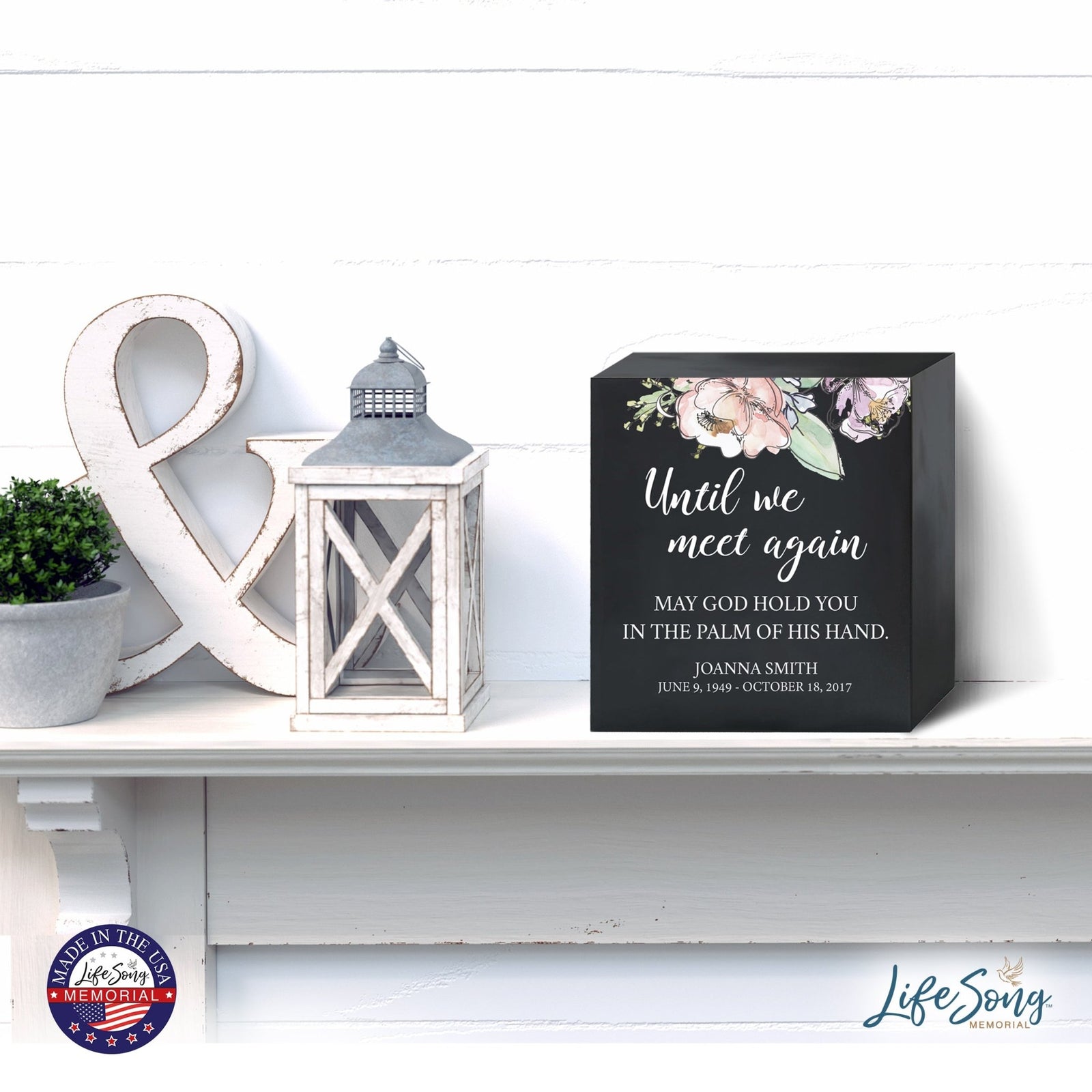 Personalized Modern Inspirational Memorial Wooden Shadow Box and Urn 10x10 holds 189 cu in of Human Ashes - Until We Meet Again (Palm) - LifeSong Milestones