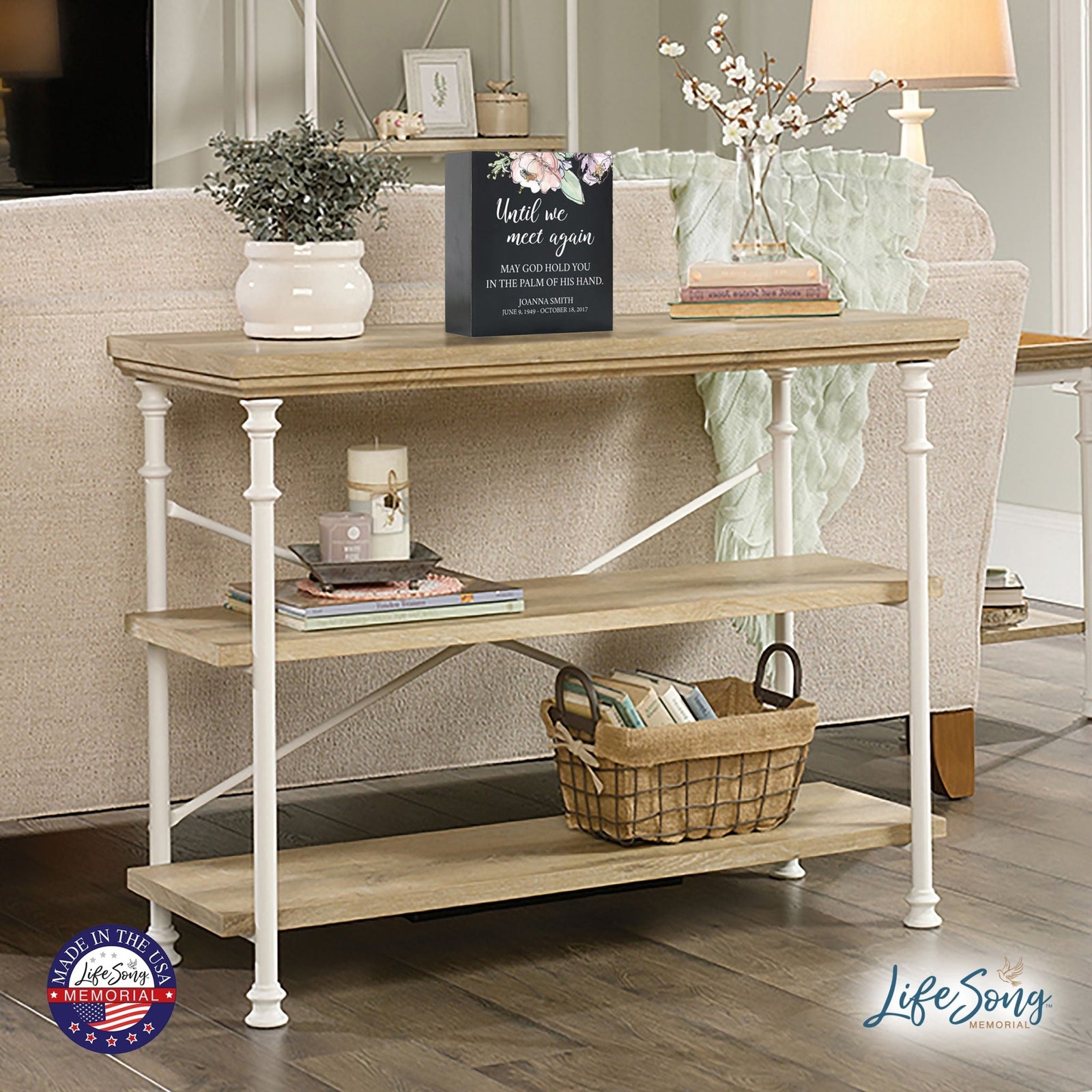 Personalized Modern Inspirational Memorial Wooden Shadow Box and Urn 10x10 holds 189 cu in of Human Ashes - Until We Meet Again (Palm) - LifeSong Milestones