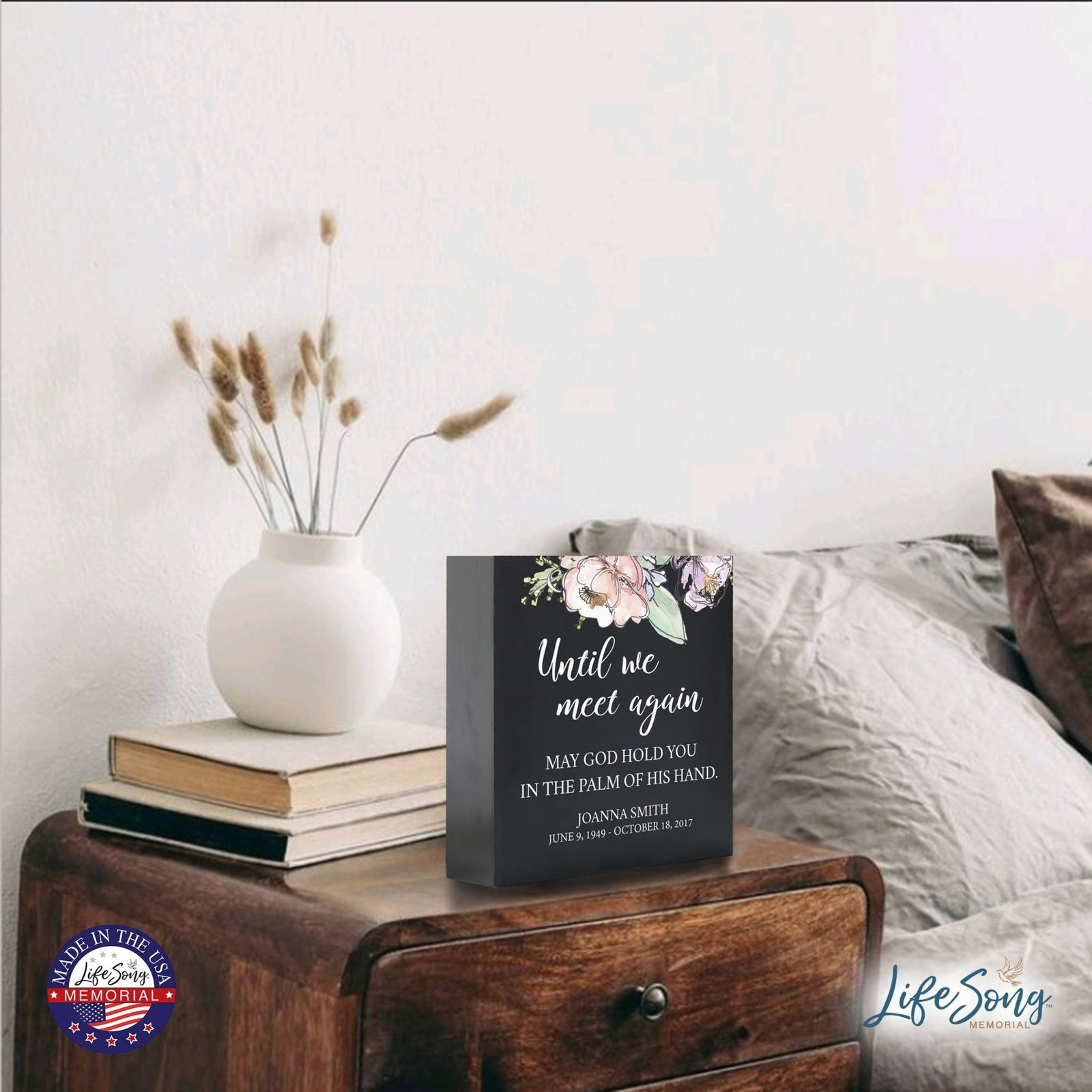 Personalized Modern Inspirational Memorial Wooden Shadow Box and Urn 10x10 holds 189 cu in of Human Ashes - Until We Meet Again (Palm) - LifeSong Milestones