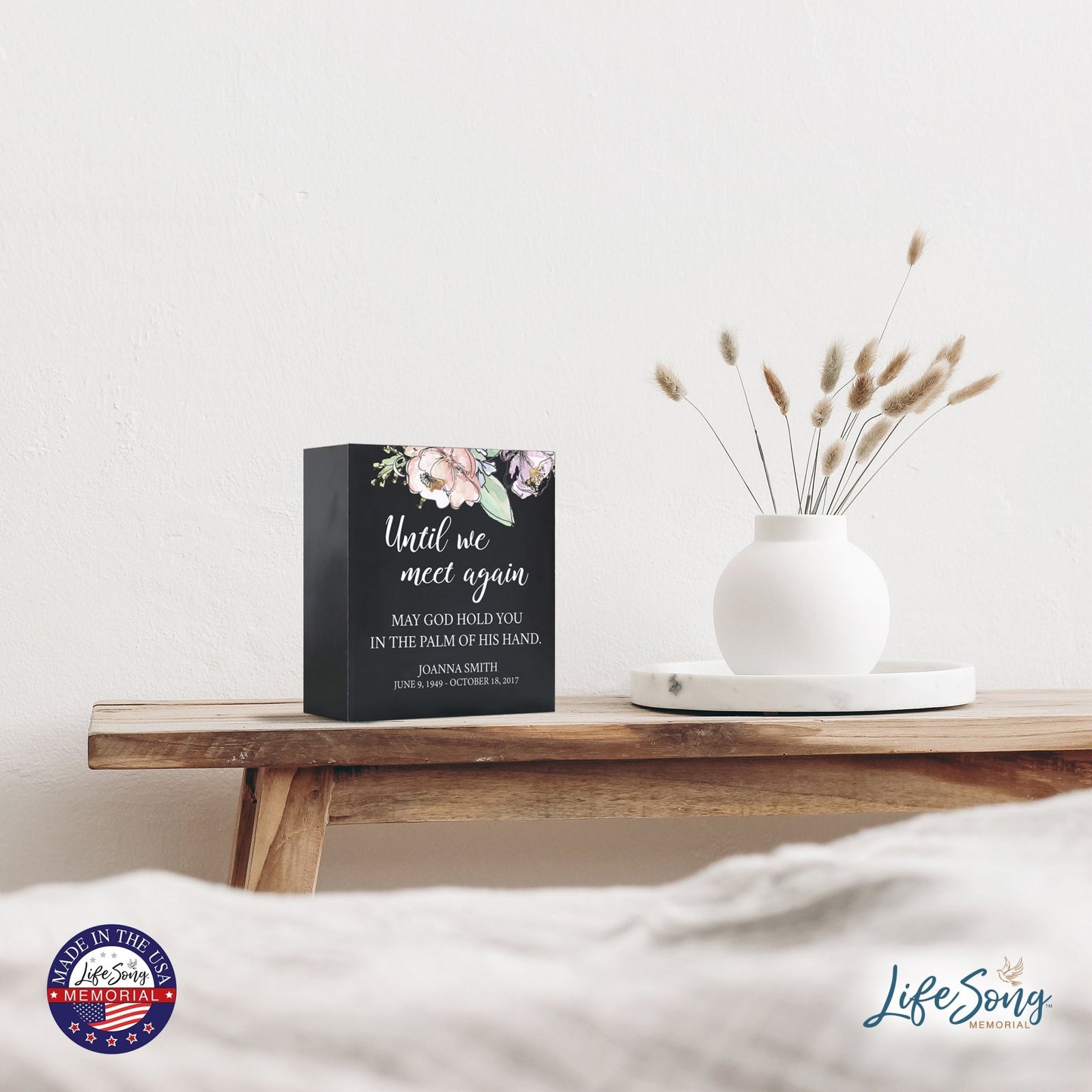 Personalized Modern Inspirational Memorial Wooden Shadow Box and Urn 10x10 holds 189 cu in of Human Ashes - Until We Meet Again (Palm) - LifeSong Milestones