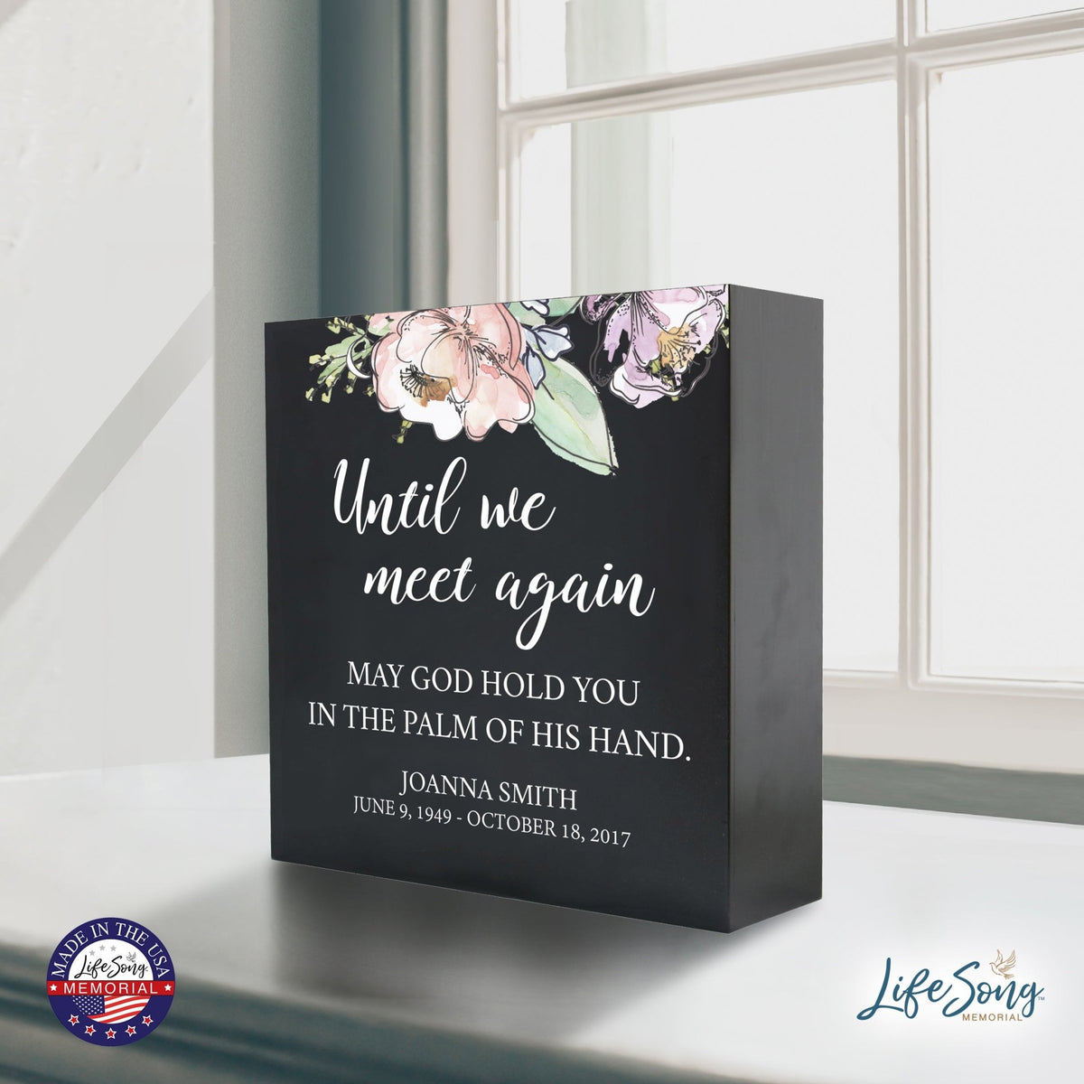 Personalized Modern Inspirational Memorial Wooden Shadow Box and Urn 10x10 holds 189 cu in of Human Ashes - Until We Meet Again (Palm) - LifeSong Milestones