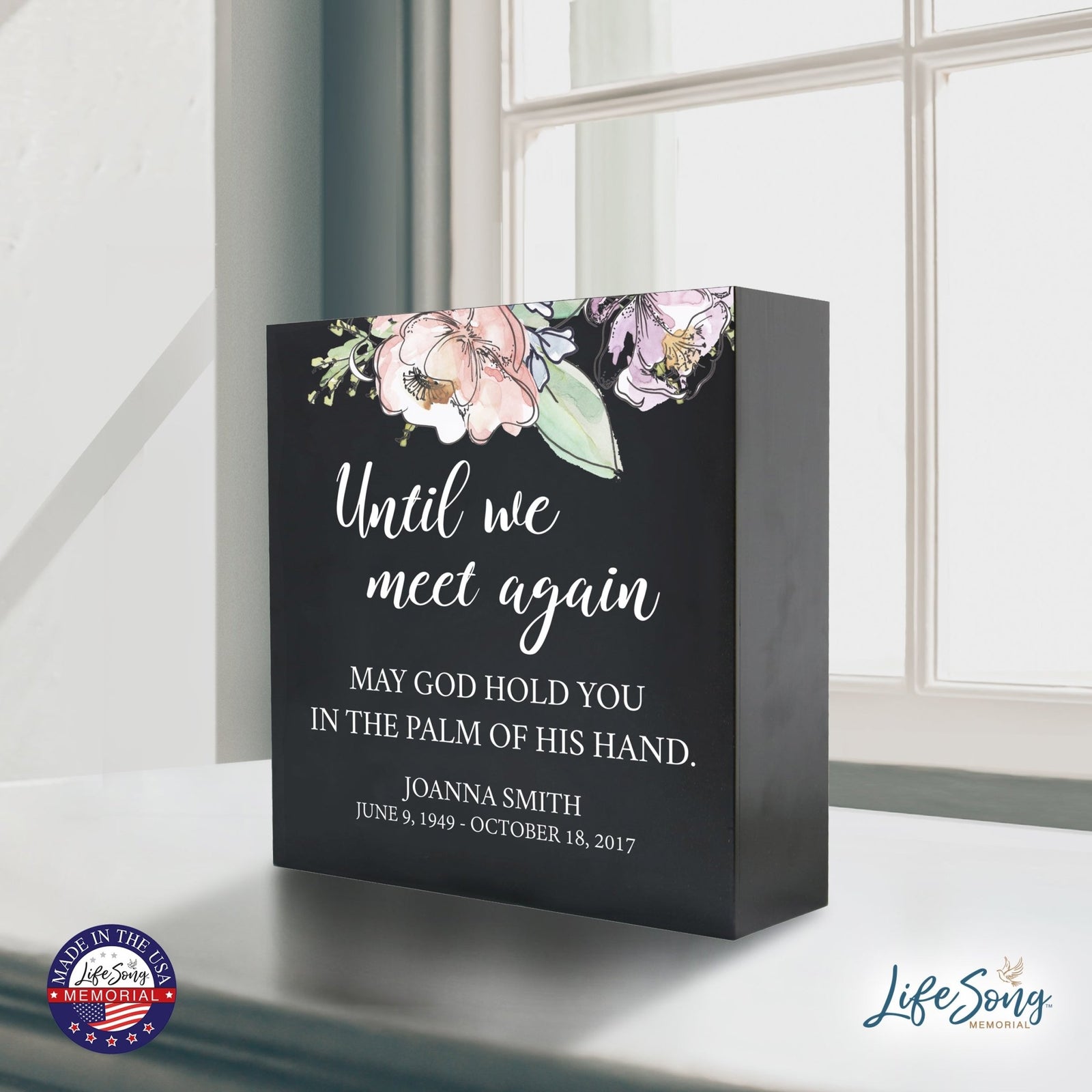 Personalized Modern Inspirational Memorial Wooden Shadow Box and Urn 10x10 holds 189 cu in of Human Ashes - Until We Meet Again (Palm) - LifeSong Milestones