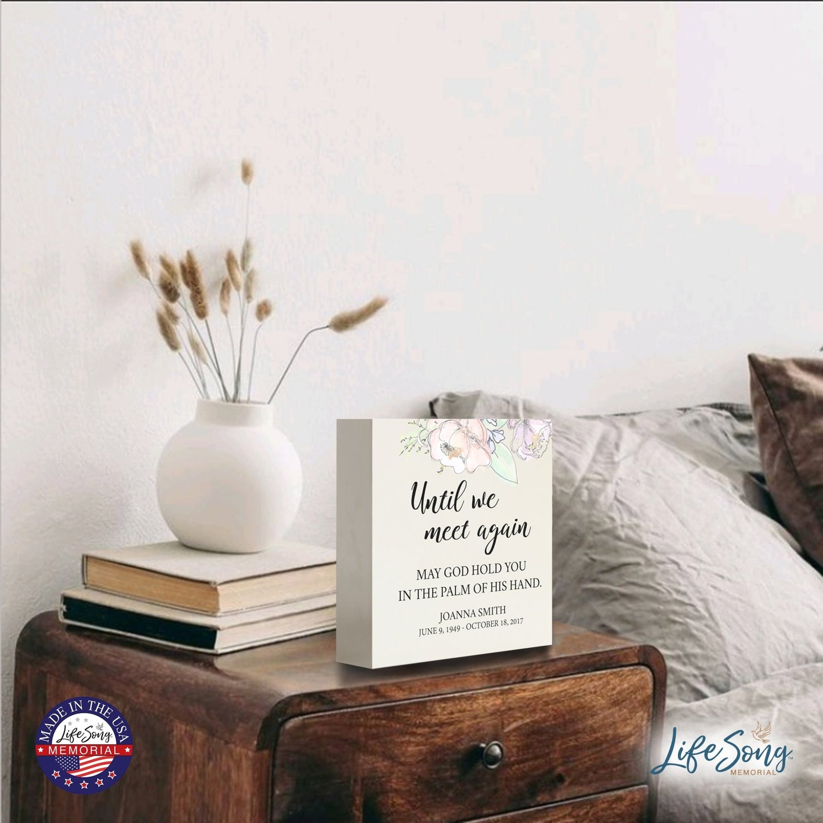 Personalized Modern Inspirational Memorial Wooden Shadow Box and Urn 10x10 holds 189 cu in of Human Ashes - Until We Meet Again (Palm) - LifeSong Milestones