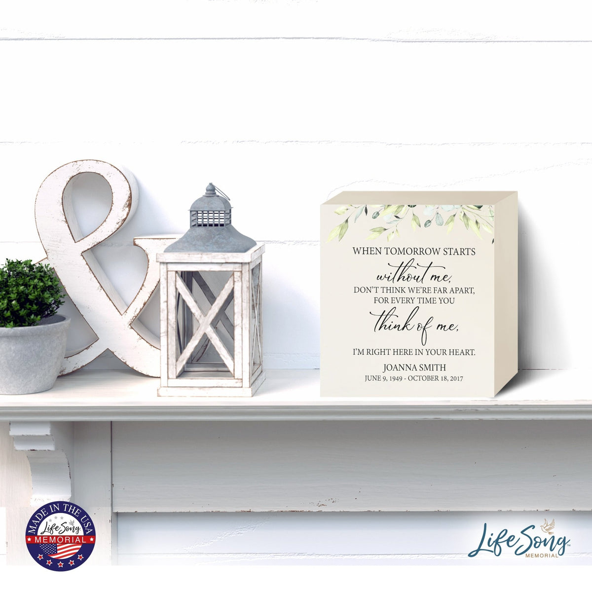 Personalized Modern Inspirational Memorial Wooden Shadow Box and Urn 10x10 holds 189 cu in of Human Ashes - When Tomorrow Starts (Ivory) - LifeSong Milestones