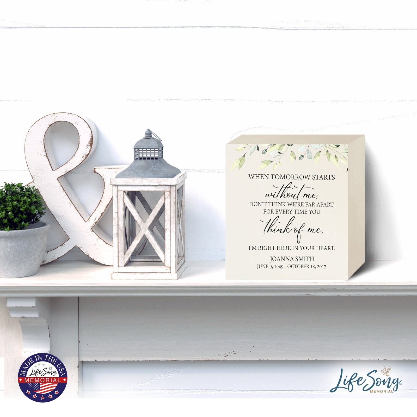Personalized Modern Inspirational Memorial Wooden Shadow Box and Urn 10x10 holds 189 cu in of Human Ashes - When Tomorrow Starts (Ivory) - LifeSong Milestones
