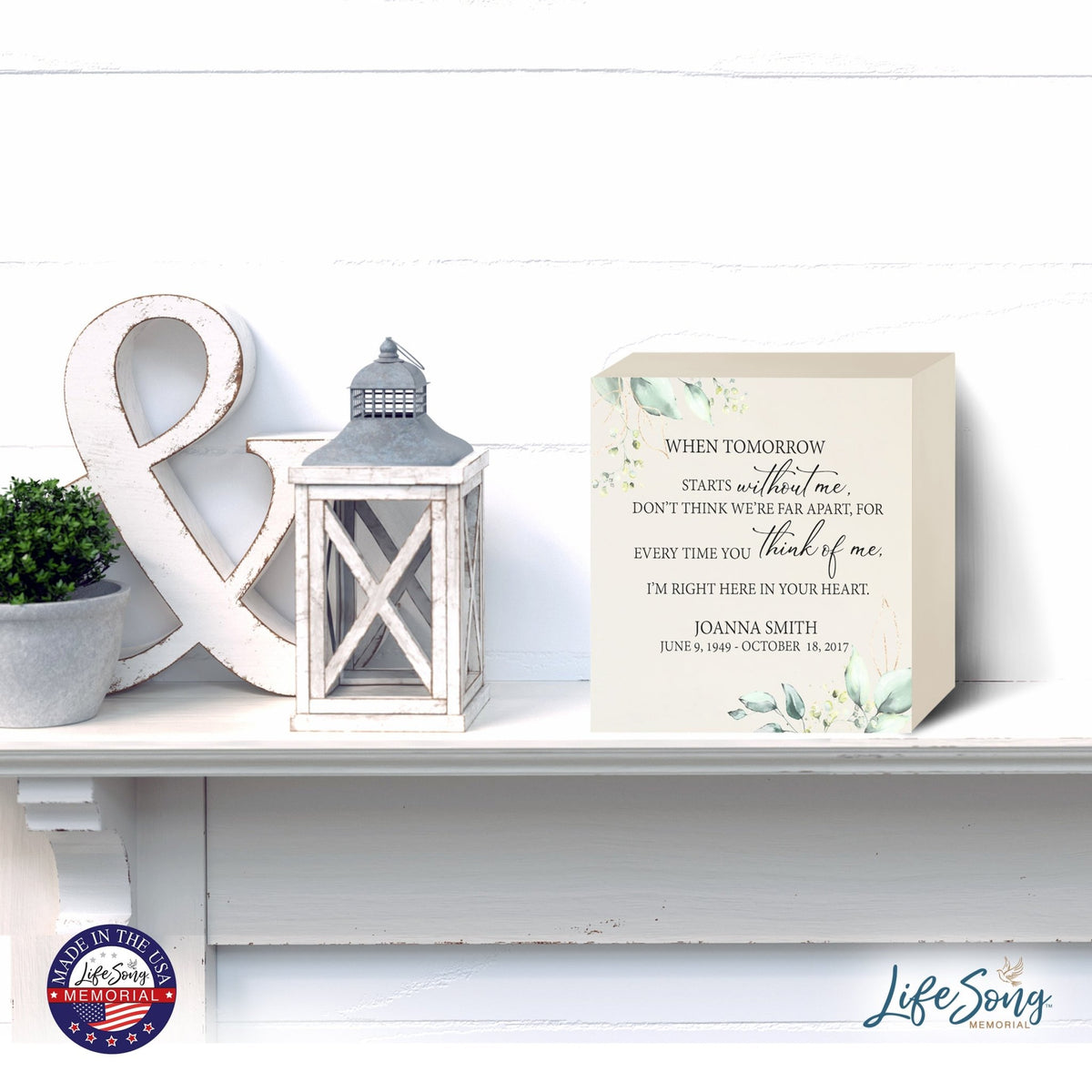 Personalized Modern Inspirational Memorial Wooden Shadow Box and Urn 10x10 holds 189 cu in of Human Ashes - When Tomorrow Starts (Ivory) - LifeSong Milestones