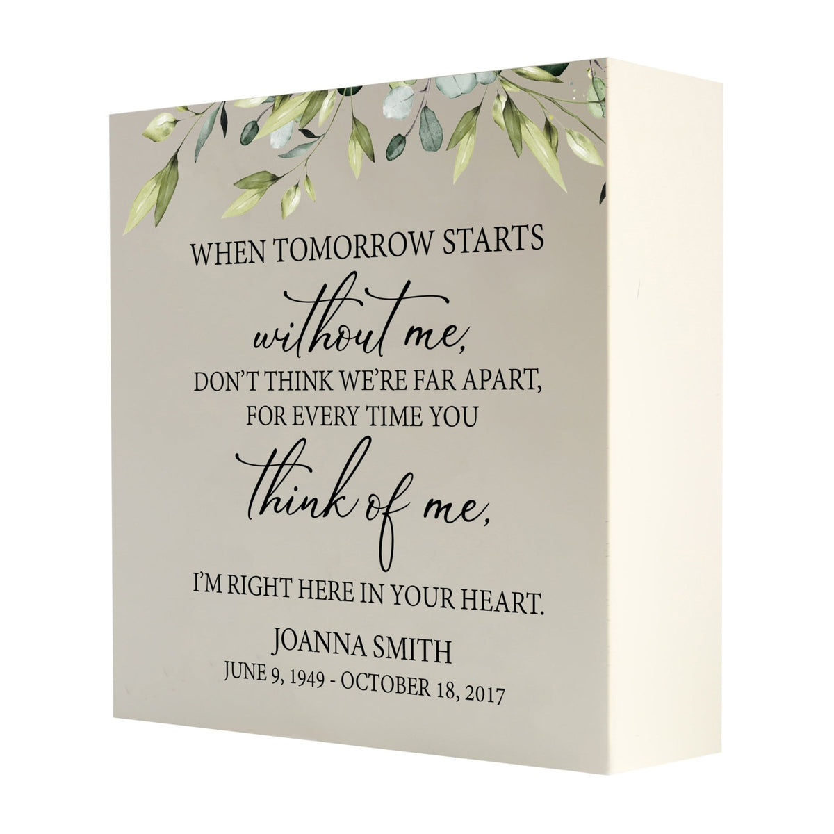Personalized Modern Inspirational Memorial Wooden Shadow Box and Urn 10x10 holds 189 cu in of Human Ashes - When Tomorrow Starts (Ivory) - LifeSong Milestones