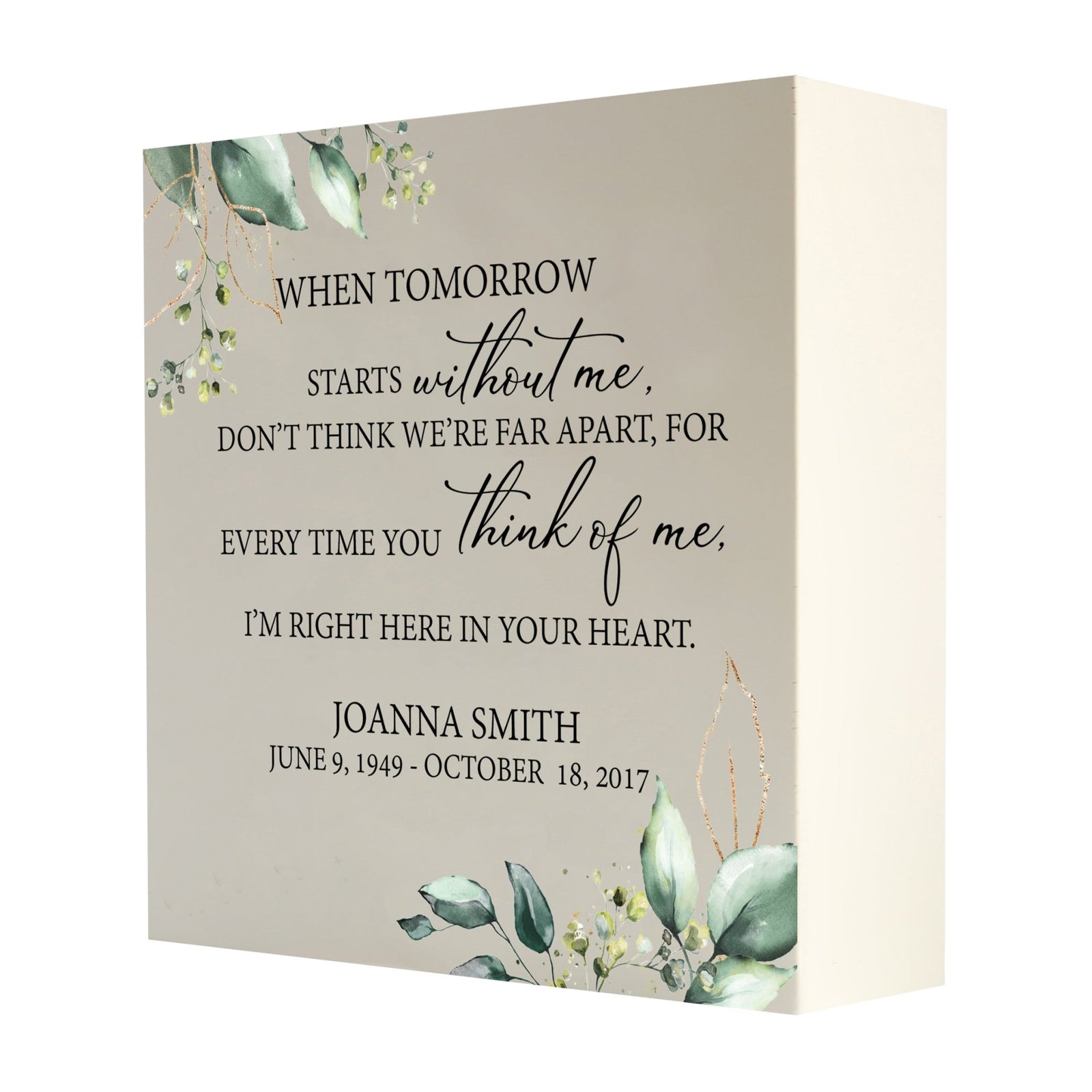 Personalized Modern Inspirational Memorial Wooden Shadow Box and Urn 10x10 holds 189 cu in of Human Ashes - When Tomorrow Starts (Ivory) - LifeSong Milestones