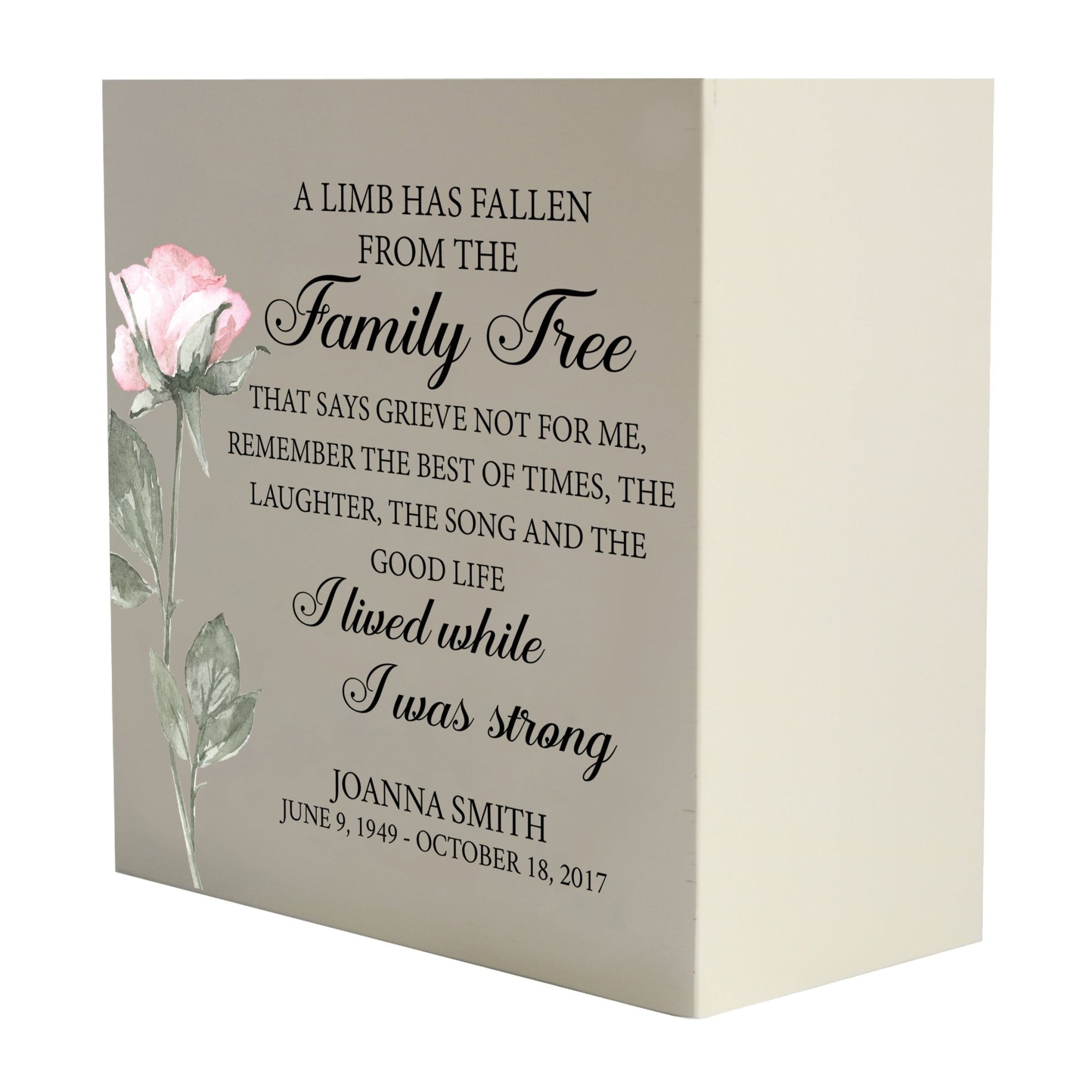 Personalized Modern Inspirational Memorial Wooden Shadow Box and Urn 6x6 holds 53 cu in of Human Ashes - A Limb Has Fallen (Song) - LifeSong Milestones