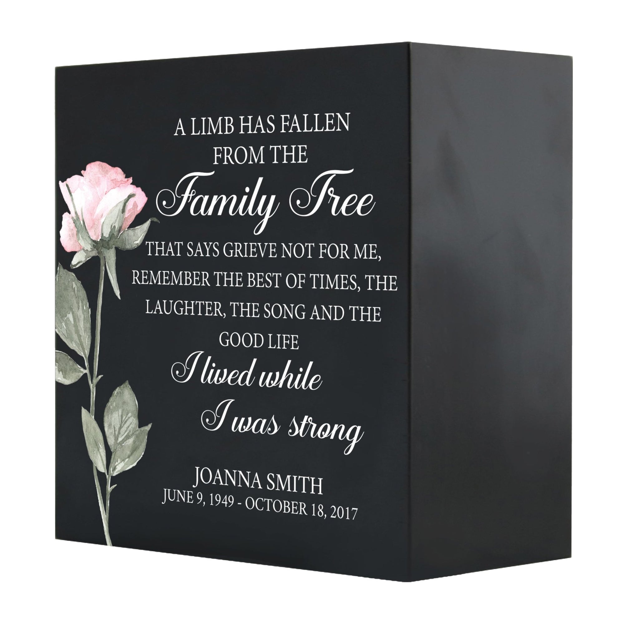 Personalized Modern Inspirational Memorial Wooden Shadow Box and Urn 6x6 holds 53 cu in of Human Ashes - A Limb Has Fallen (Song) - LifeSong Milestones