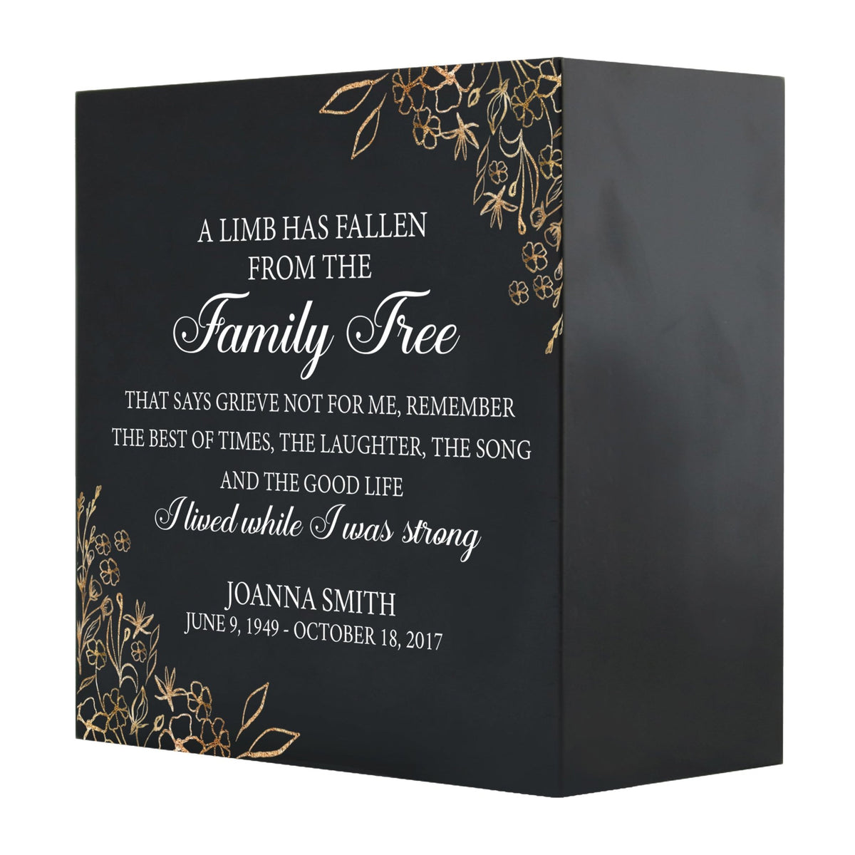 Personalized Modern Inspirational Memorial Wooden Shadow Box and Urn 6x6 holds 53 cu in of Human Ashes - A Limb Has Fallen (Times) - LifeSong Milestones