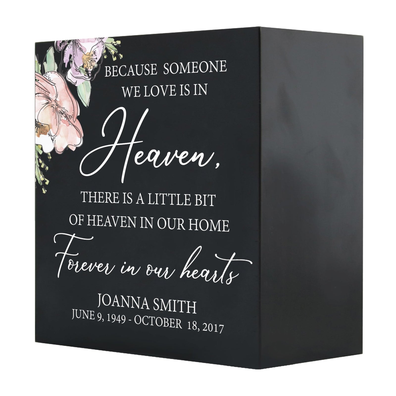 Personalized Modern Inspirational Memorial Wooden Shadow Box and Urn 6x6 holds 53 cu in of Human Ashes - Because Someone We Love (Black) - LifeSong Milestones