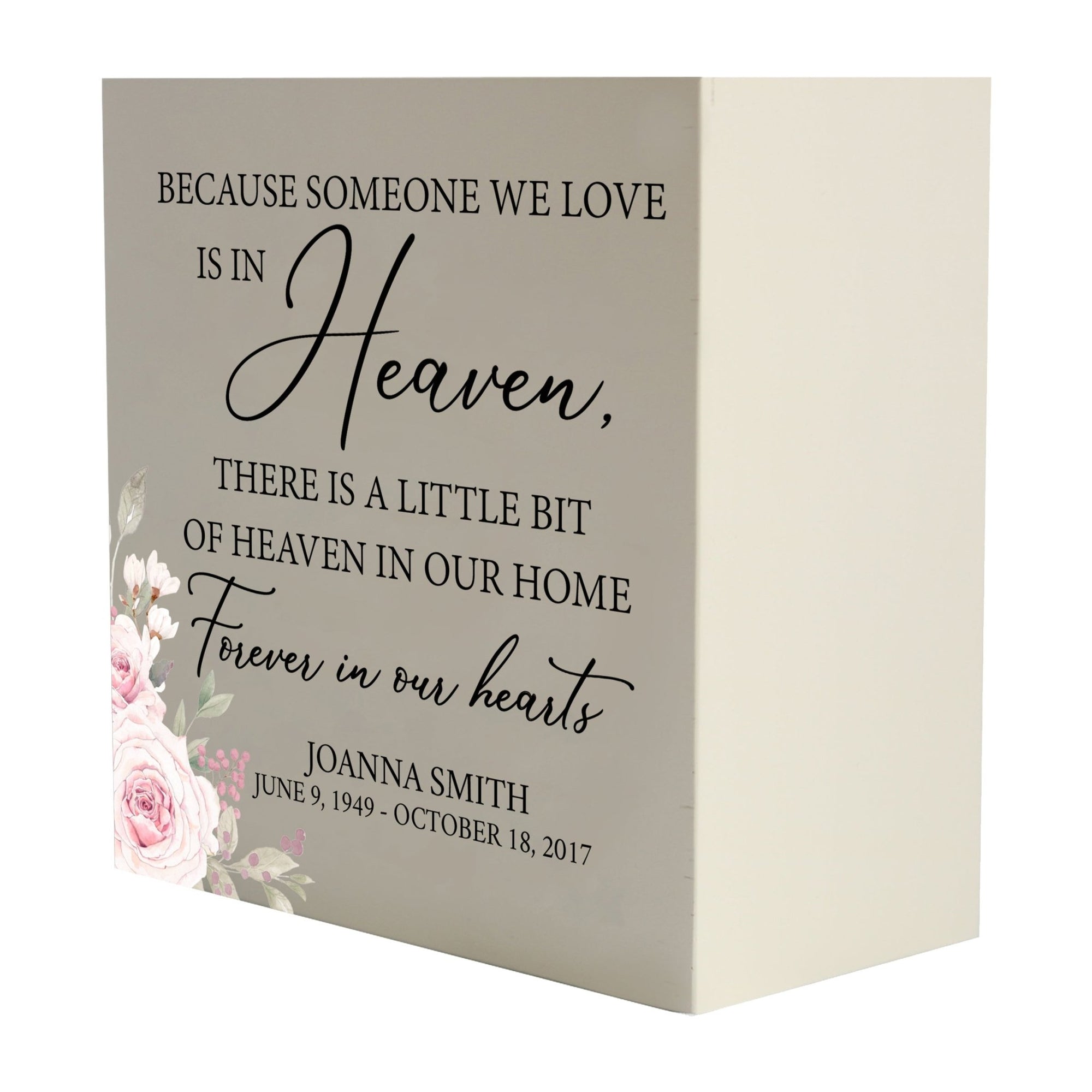 Personalized Modern Inspirational Memorial Wooden Shadow Box and Urn 6x6 holds 53 cu in of Human Ashes - Because Someone We Love (Ivory) - LifeSong Milestones