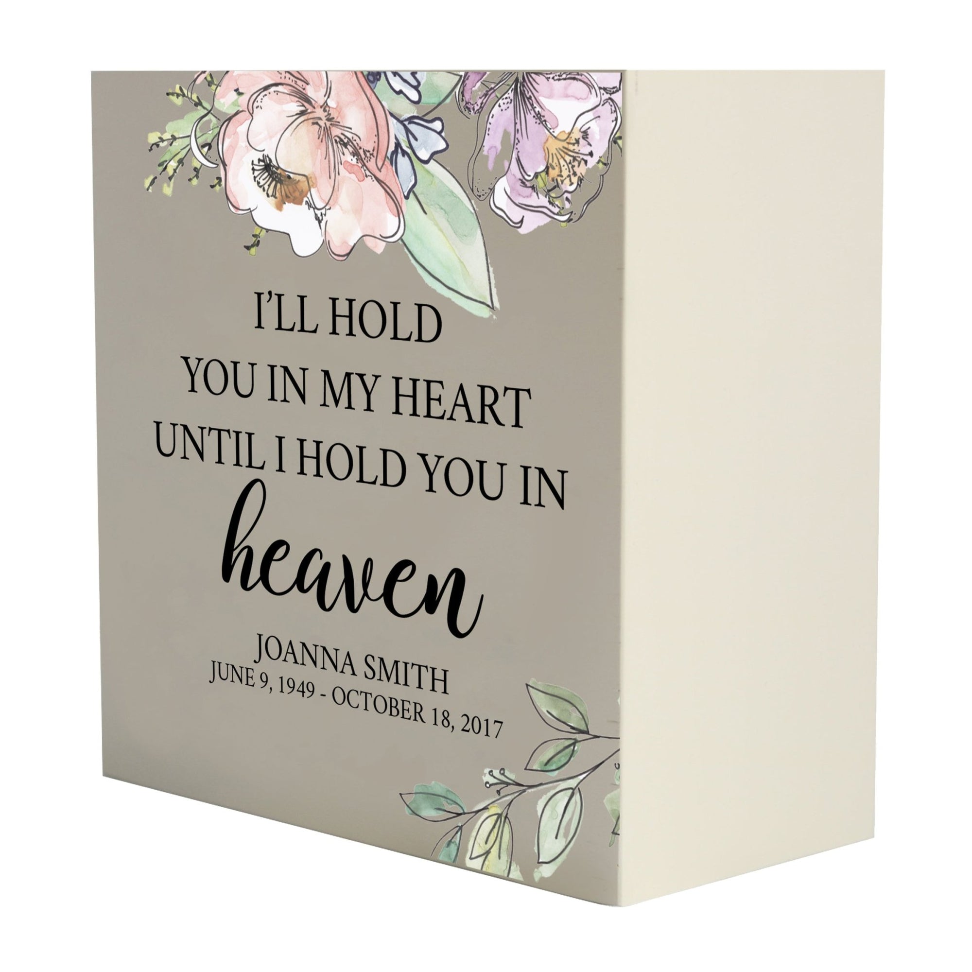 Personalized Modern Inspirational Memorial Wooden Shadow Box and Urn 6x6 holds 53 cu in of Human Ashes - I’ll Hold You (Heart) - LifeSong Milestones