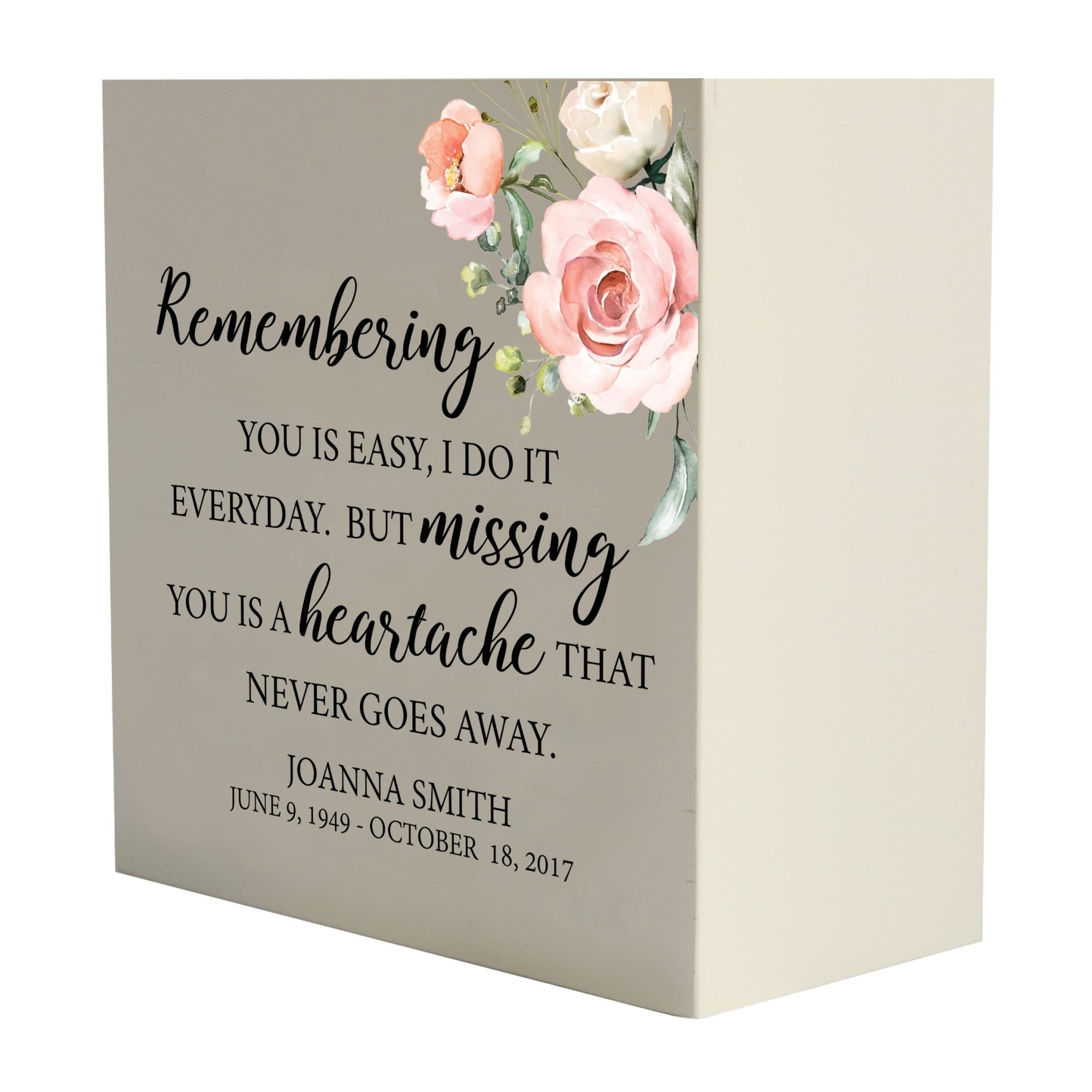 Personalized Modern Inspirational Memorial Wooden Shadow Box and Urn 6x6 holds 53 cu in of Human Ashes - Remembering You Is Easy (Missing) - LifeSong Milestones