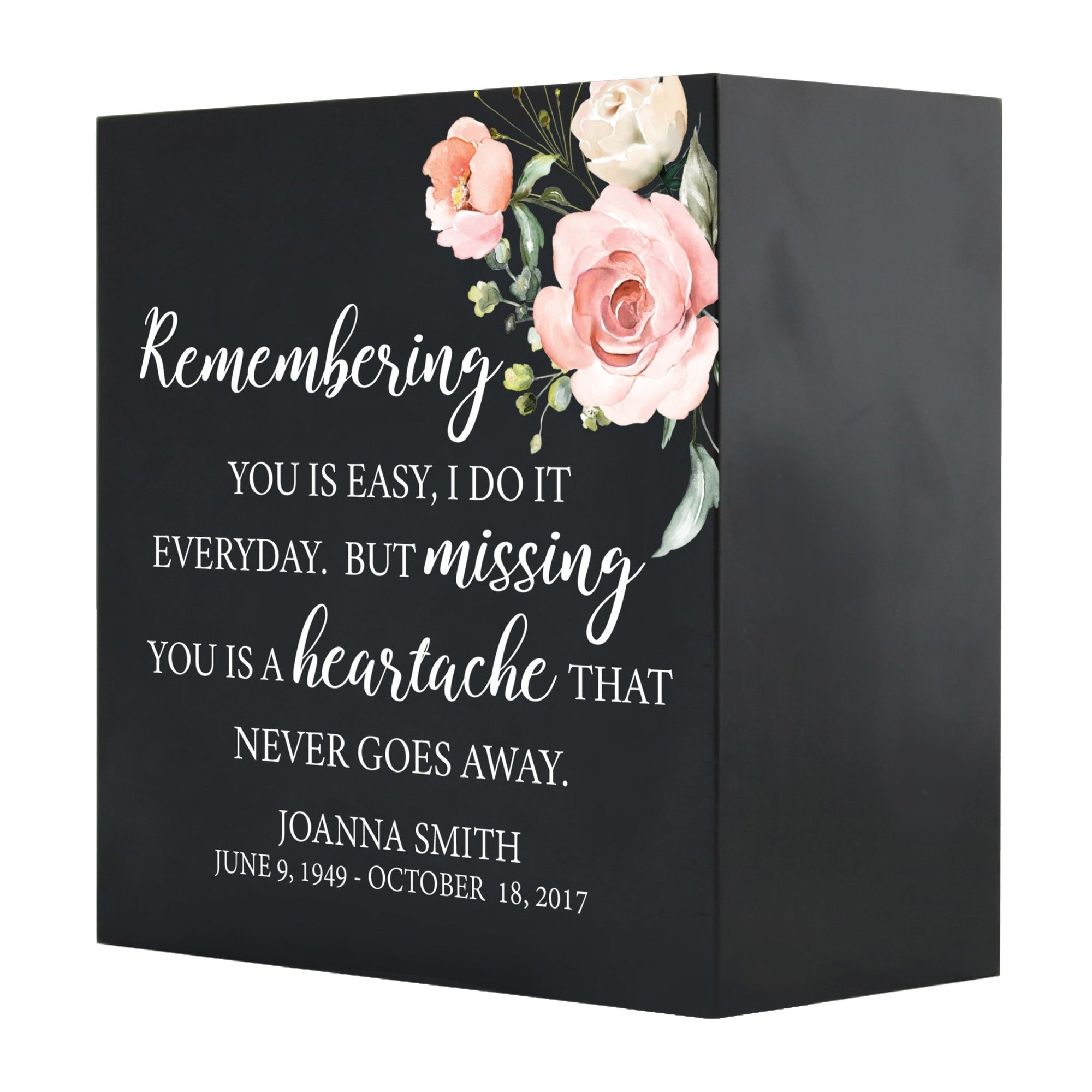 Personalized Modern Inspirational Memorial Wooden Shadow Box and Urn 6x6 holds 53 cu in of Human Ashes - Remembering You Is Easy (Missing) - LifeSong Milestones