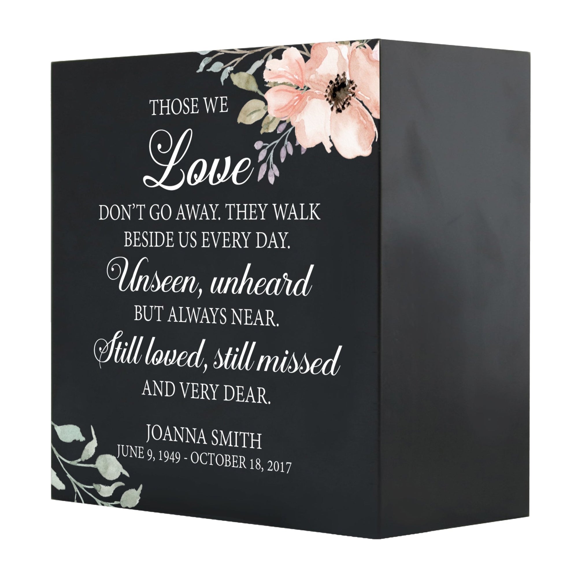 Personalized Modern Inspirational Memorial Wooden Shadow Box and Urn 6x6 holds 53 cu in of Human Ashes - Those We Love Don’t Go (Black) - LifeSong Milestones