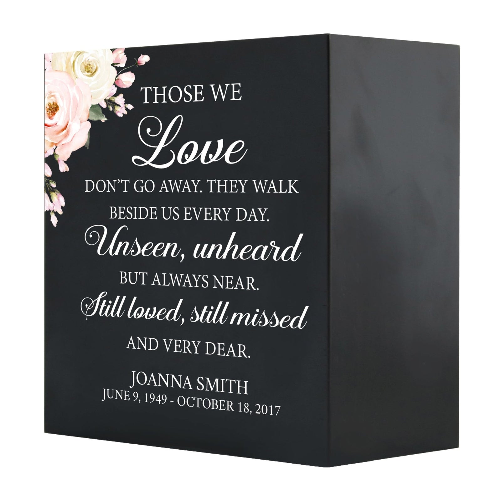 Personalized Modern Inspirational Memorial Wooden Shadow Box and Urn 6x6 holds 53 cu in of Human Ashes - Those We Love Don’t Go (Black) - LifeSong Milestones