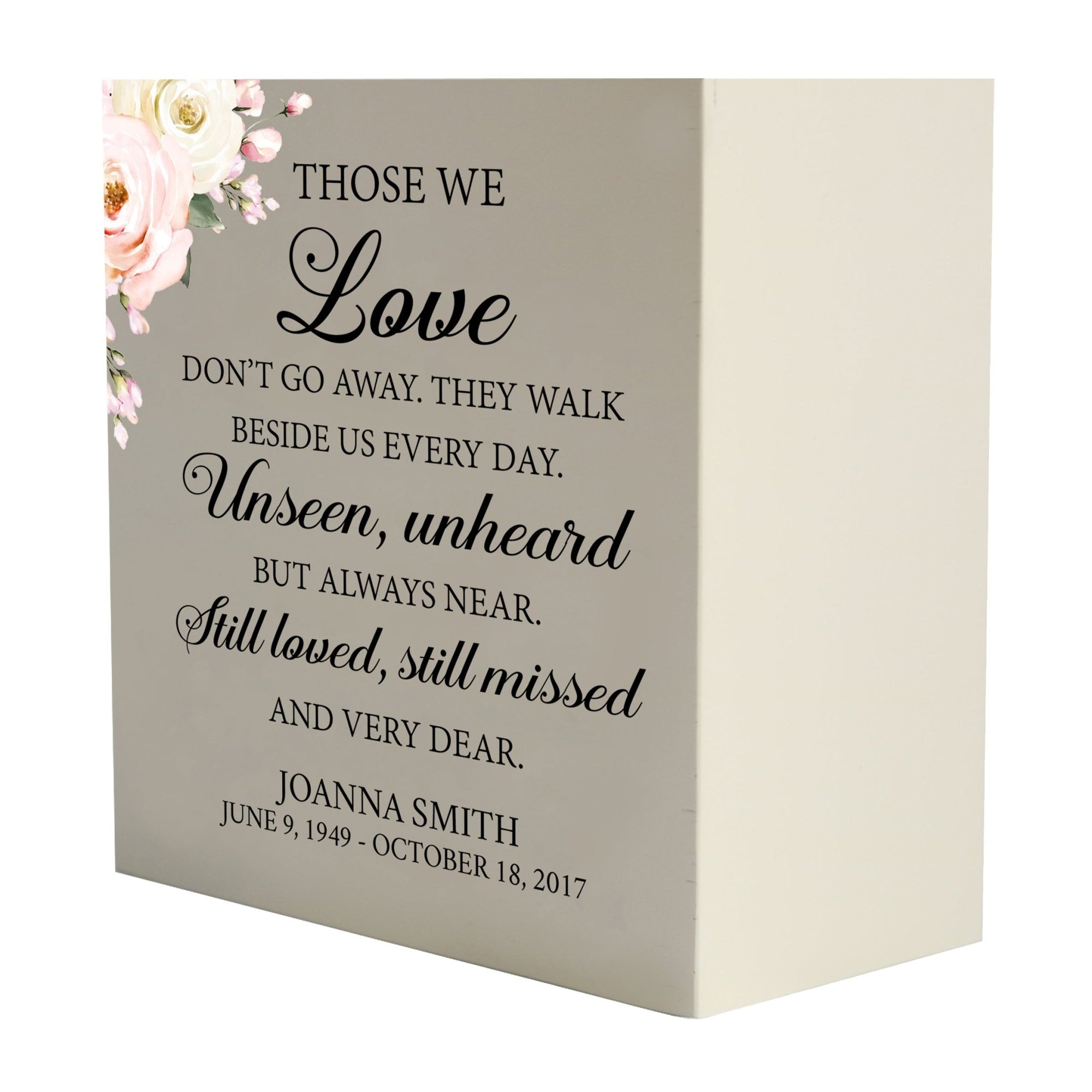 Personalized Modern Inspirational Memorial Wooden Shadow Box and Urn 6x6 holds 53 cu in of Human Ashes - Those We Love Don’t Go (Ivory) - LifeSong Milestones