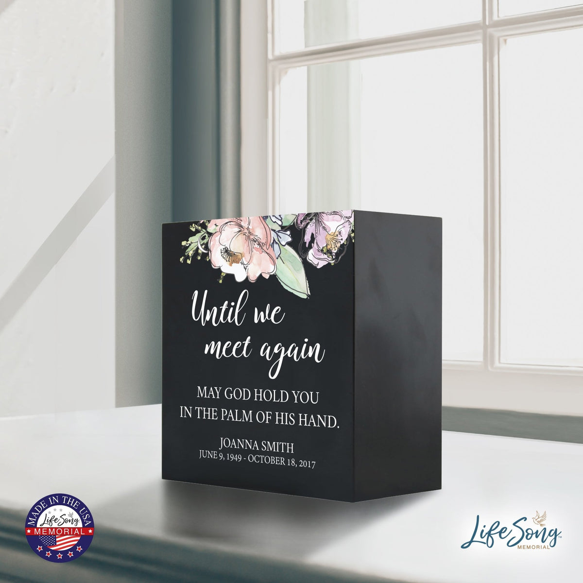 Personalized Modern Inspirational Memorial Wooden Shadow Box and Urn 6x6 holds 53 cu in of Human Ashes - Until We Meet Again (Palm) - LifeSong Milestones