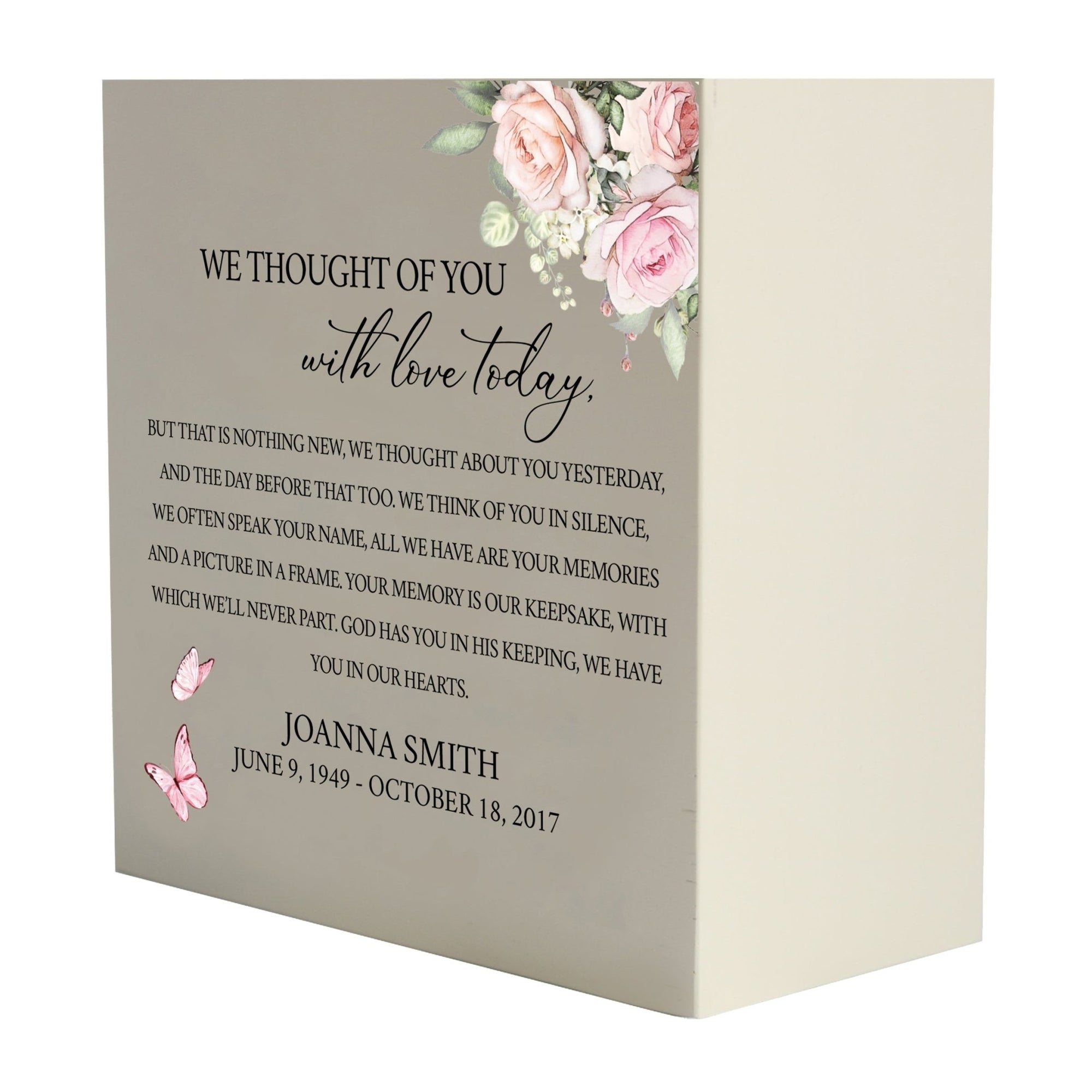 Personalized Modern Inspirational Memorial Wooden Shadow Box and Urn 6x6 holds 53 cu in of Human Ashes - We Thought Of You (Ivory) - LifeSong Milestones