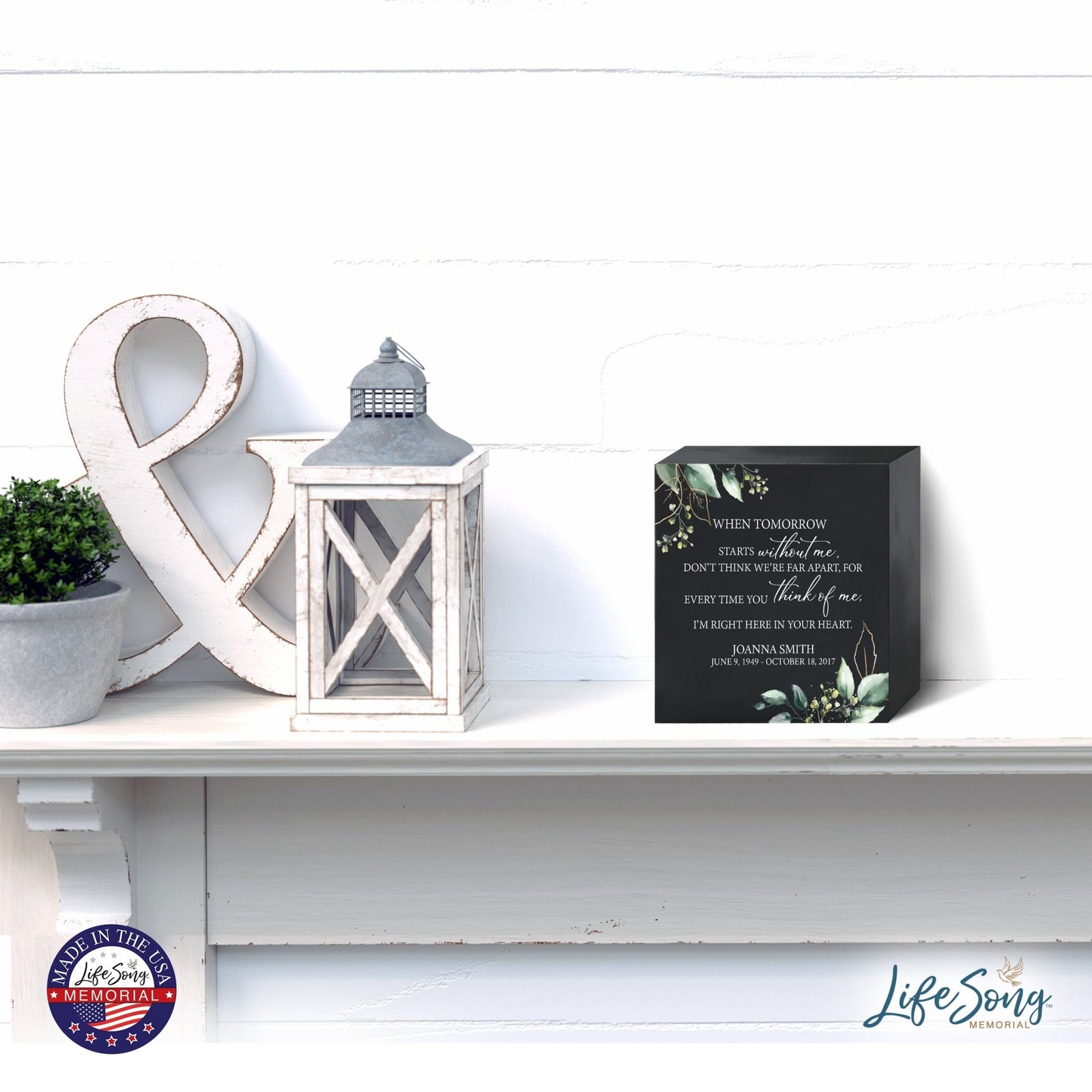 Personalized Modern Inspirational Memorial Wooden Shadow Box and Urn 6x6 holds 53 cu in of Human Ashes - When Tomorrow Starts (Black) - LifeSong Milestones