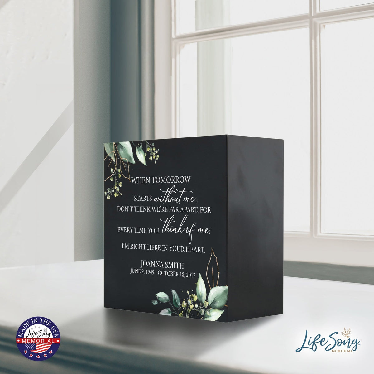 Personalized Modern Inspirational Memorial Wooden Shadow Box and Urn 6x6 holds 53 cu in of Human Ashes - When Tomorrow Starts (Black) - LifeSong Milestones