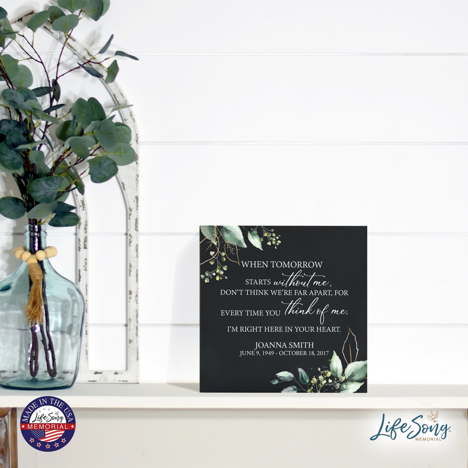Personalized Modern Inspirational Memorial Wooden Shadow Box and Urn 6x6 holds 53 cu in of Human Ashes - When Tomorrow Starts (Black) - LifeSong Milestones