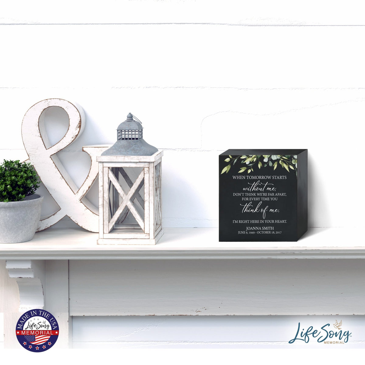 Personalized Modern Inspirational Memorial Wooden Shadow Box and Urn 6x6 holds 53 cu in of Human Ashes - When Tomorrow Starts (Black) - LifeSong Milestones