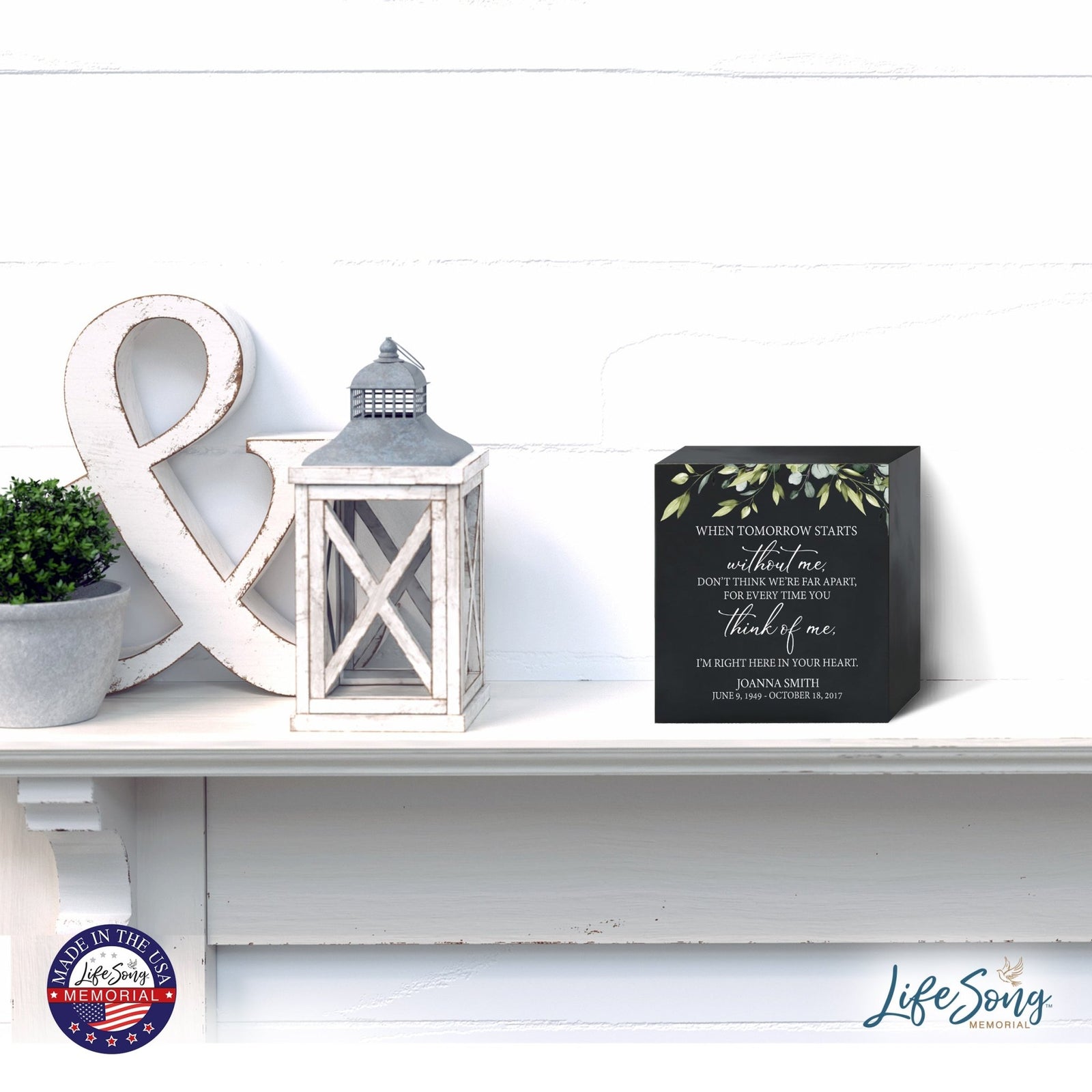 Personalized Modern Inspirational Memorial Wooden Shadow Box and Urn 6x6 holds 53 cu in of Human Ashes - When Tomorrow Starts (Black) - LifeSong Milestones