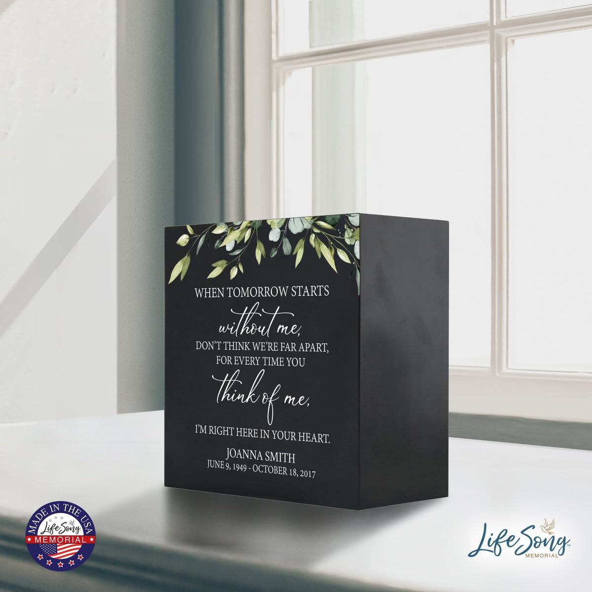 Personalized Modern Inspirational Memorial Wooden Shadow Box and Urn 6x6 holds 53 cu in of Human Ashes - When Tomorrow Starts (Black) - LifeSong Milestones