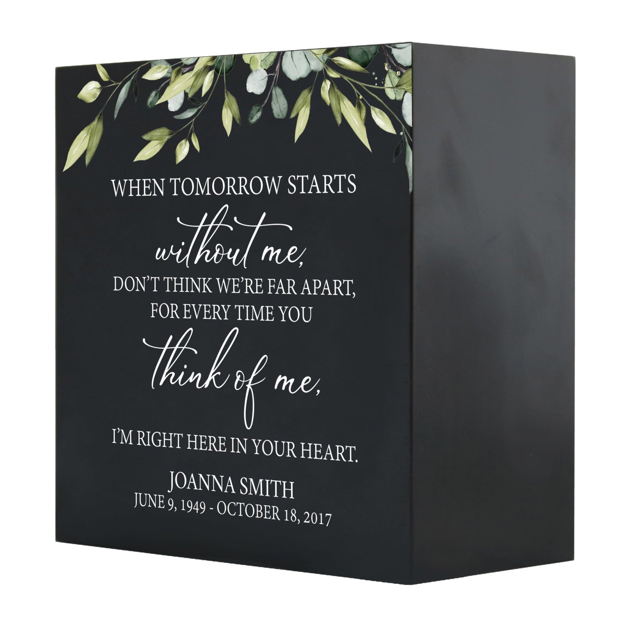 Personalized Modern Inspirational Memorial Wooden Shadow Box and Urn 6x6 holds 53 cu in of Human Ashes - When Tomorrow Starts (Black) - LifeSong Milestones