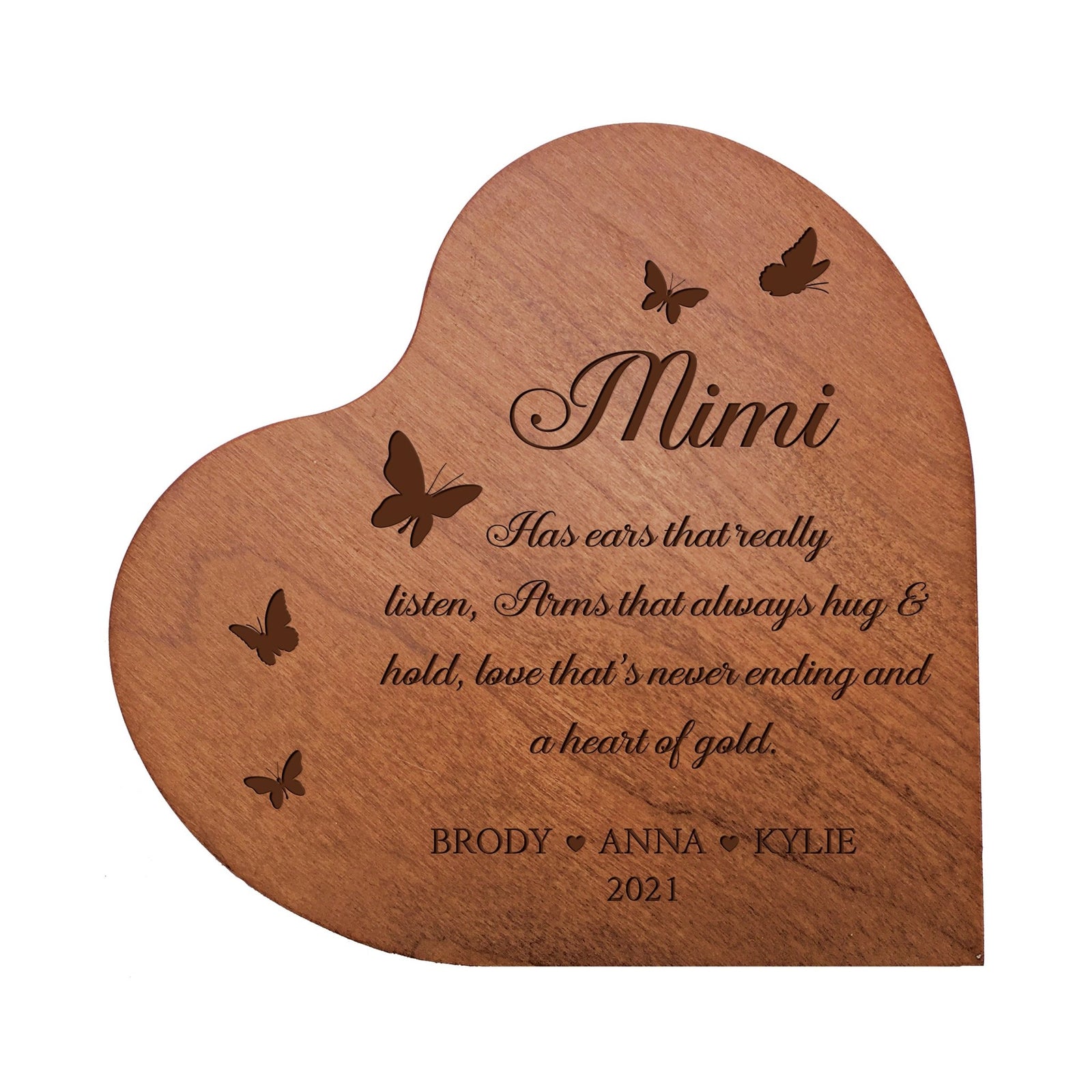 Personalized Modern Mimi’s Love Solid Wood Heart Decoration With Inspirational Verse Keepsake Gift 5x5.25 - Mimi Has Ears That Really = Hug & Hold - LifeSong Milestones