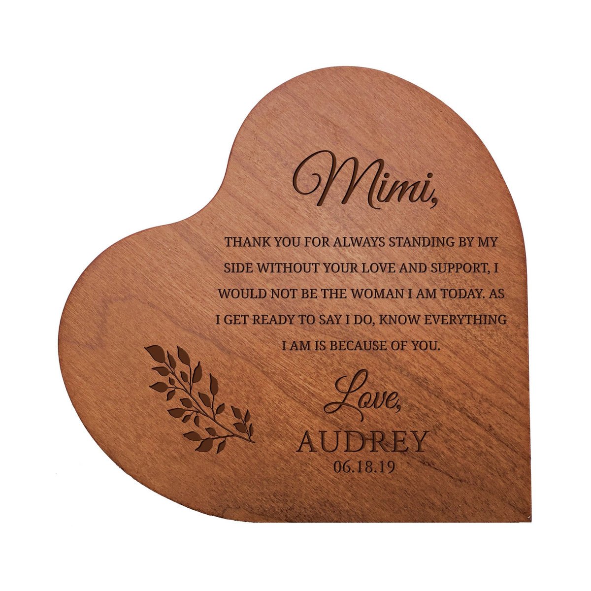 Personalized Modern Mimi’s Love Solid Wood Heart Decoration With Inspirational Verse Keepsake Gift 5x5.25 - Mimi Thank You For = Love And Support - LifeSong Milestones