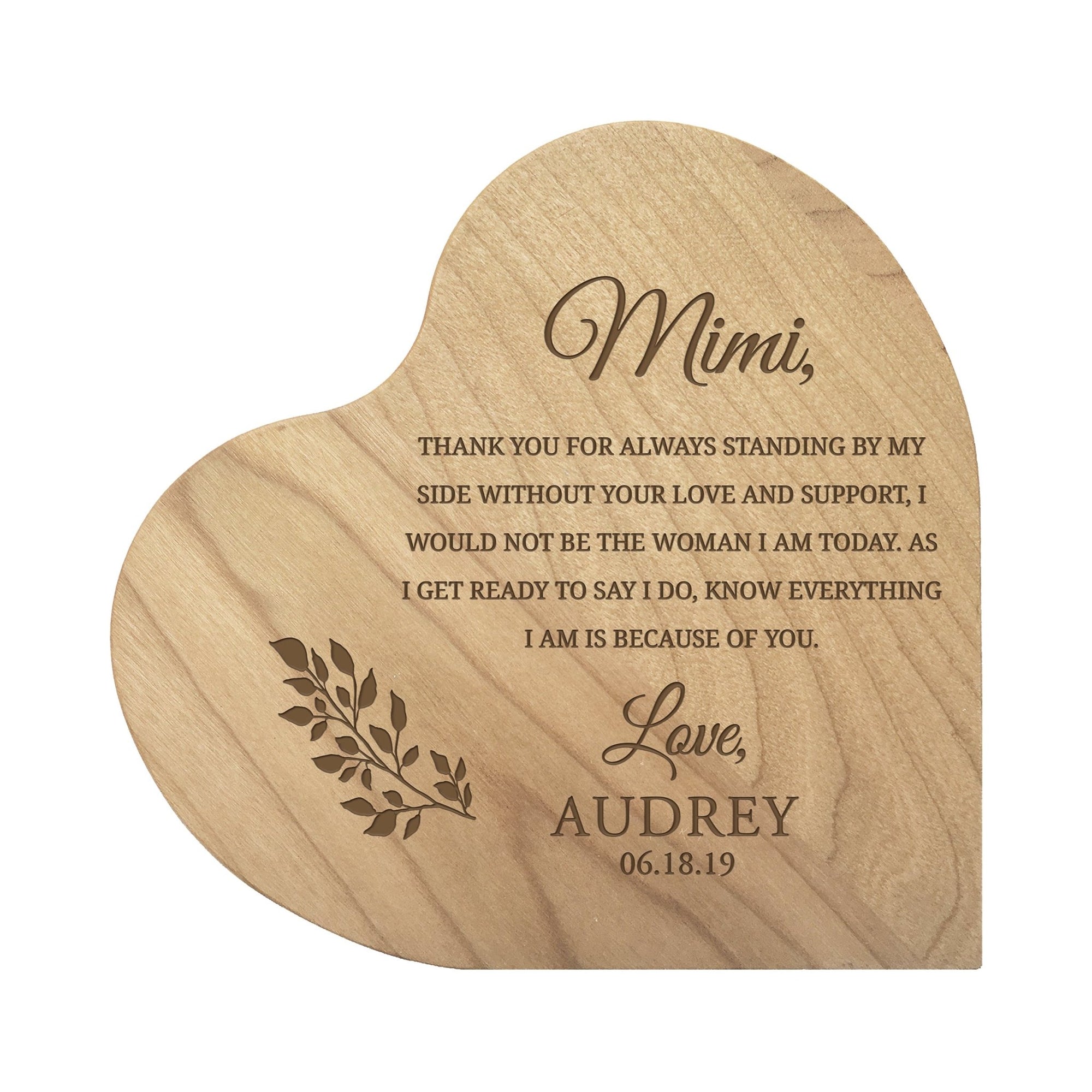 Personalized Modern Mimi’s Love Solid Wood Heart Decoration With Inspirational Verse Keepsake Gift 5x5.25 - Mimi Thank You For = Love And Support - LifeSong Milestones