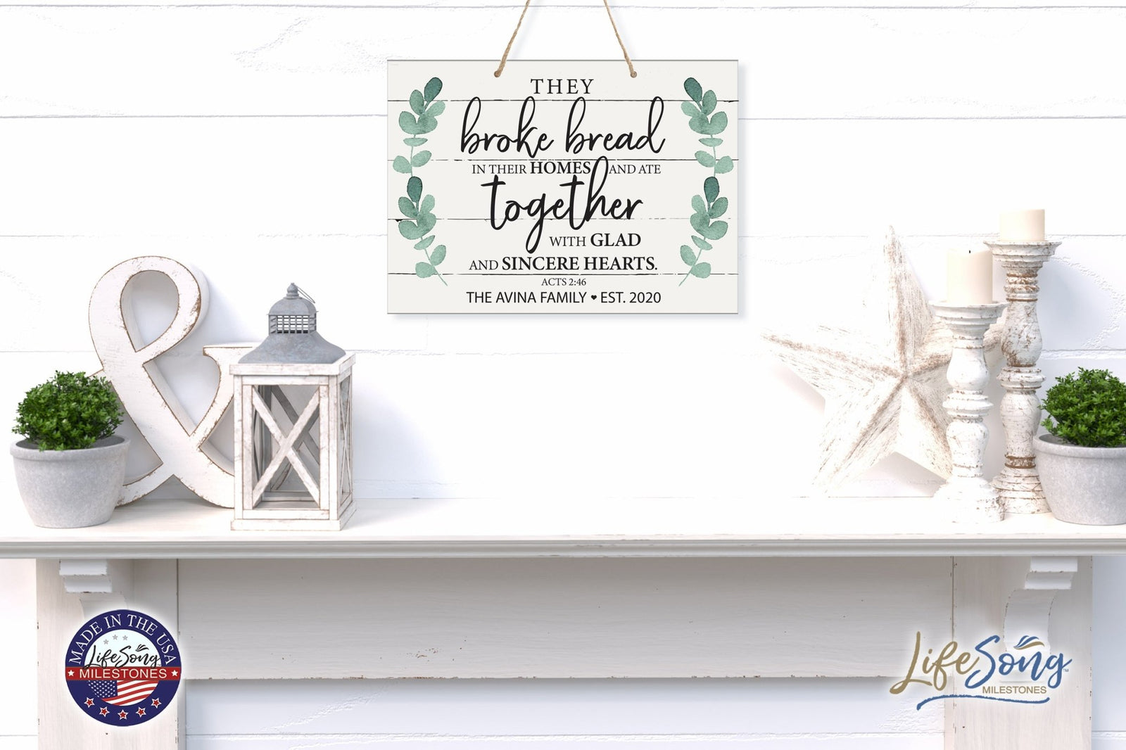 Personalized Modern Wooden Horizontal / Vertical Wall Hanging Rope Sign 12x15 - They Broke Bread - LifeSong Milestones